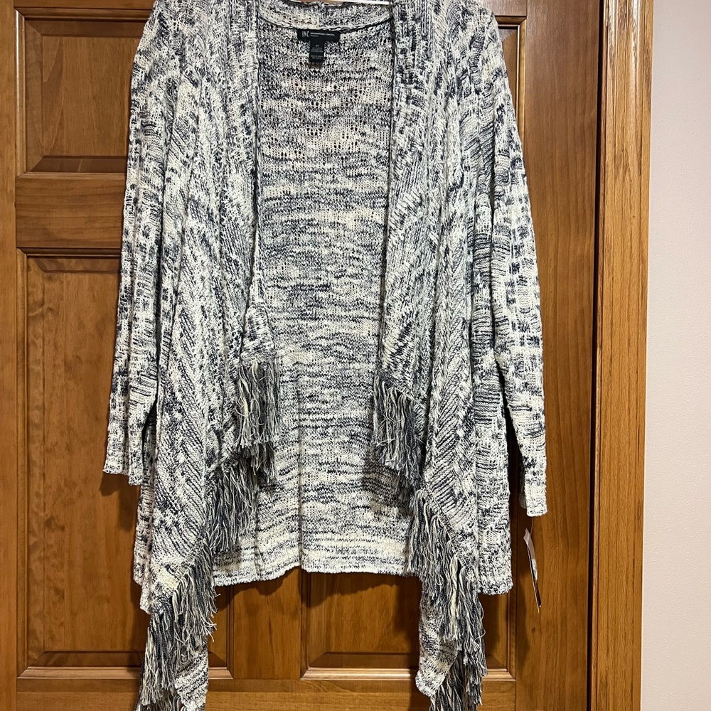 INC International Concepts Black and White Fringe Cardigan